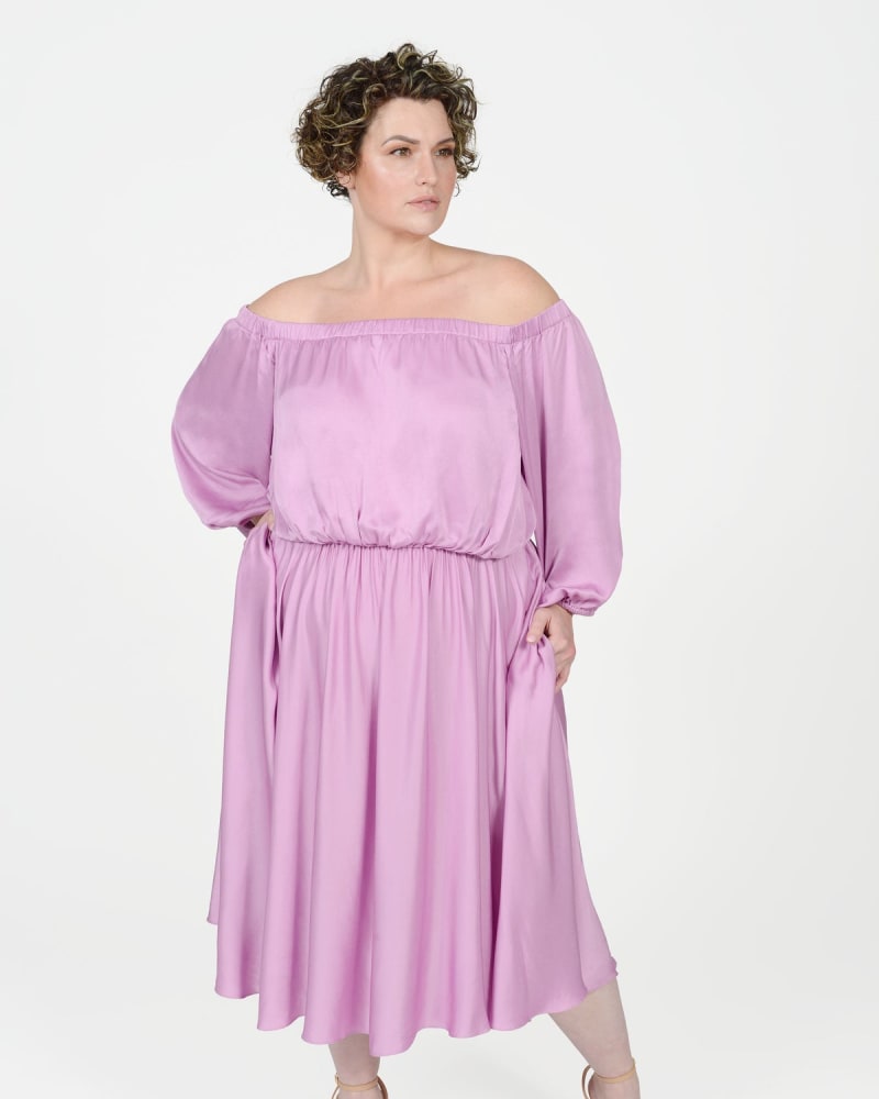 Front of a model wearing a size 26|28 Edwina Midi Off Shoulder Dress in Orchid by MAYES NYC. | dia_product_style_image_id:282108